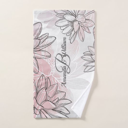 Monogram Naam Roze Witte Bloemen Waterverf Zilver Bad Handdoek (Handdoek)