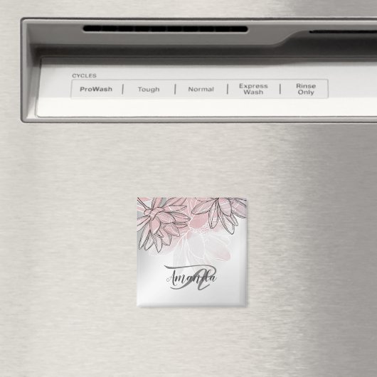 Monogram naam roze witte bloemen waterverf zilver magneet (Insitu (Vaatwasser))