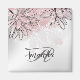 Monogram Naam Roze Witte Bloemen Waterverf Zilver Magneet