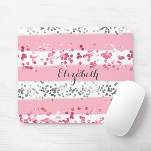 Monogram Naam Roze Witte Glitter Girly Trendy Muismat (Met muis)