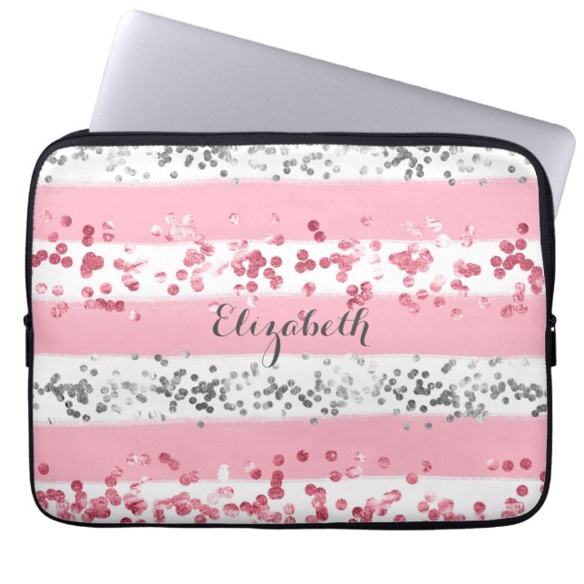 Monogram Naam Roze Witte Glitter Trendy Laptop Sleeve (Voorkant)