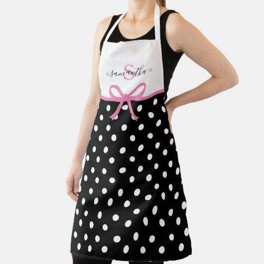 Monogram Naam Roze Zwarte Polka Dots Ribbon Kitche Schort (Insitu)