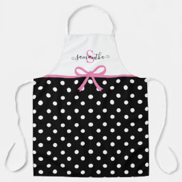 Monogram Naam Roze Zwarte Polka Dots Ribbon Kitche Schort
