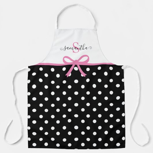 Monogram Naam Roze Zwarte Polka Dots Ribbon Kitche Schort (Voorkant)