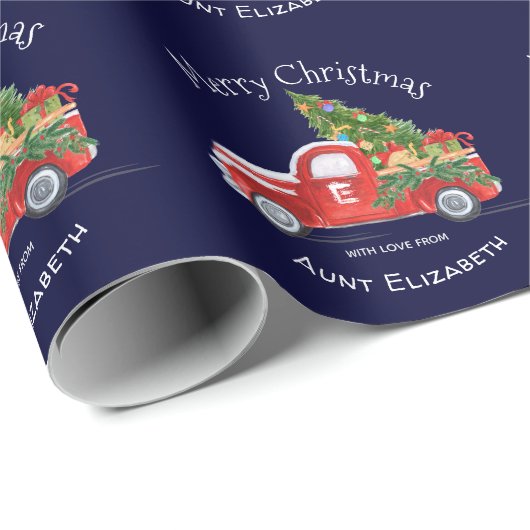 Monogram naam Rustic Red Truck Navy Kerstmis Cadeaupapier (Rol Hoek)