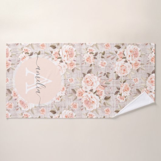 Monogram Naam Rustic Wood & Rozen Romantic Badhanddoek (Badhanddoek)