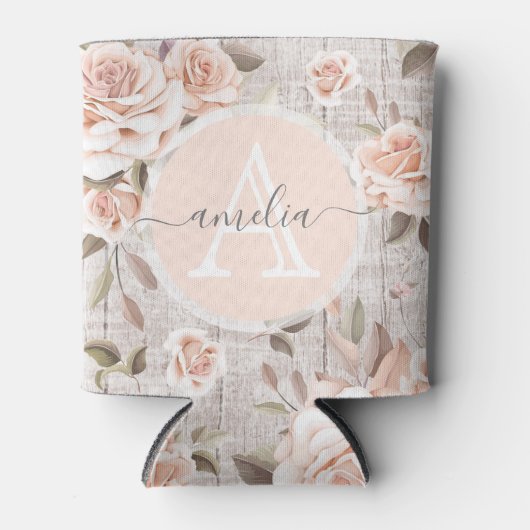 Monogram Naam Rustic Wood & Rozen Romantic Blikjeskoeler (Voorkant)
