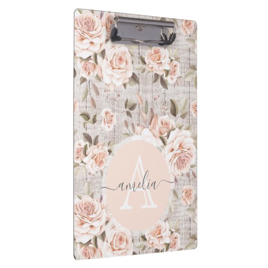 Monogram Naam Rustic Wood &  Rozen Romantic Klembord (Rechts)