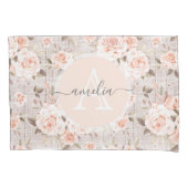 Monogram Naam Rustic Wood &  Rozen Romantic Kussensloop (Voorkant)
