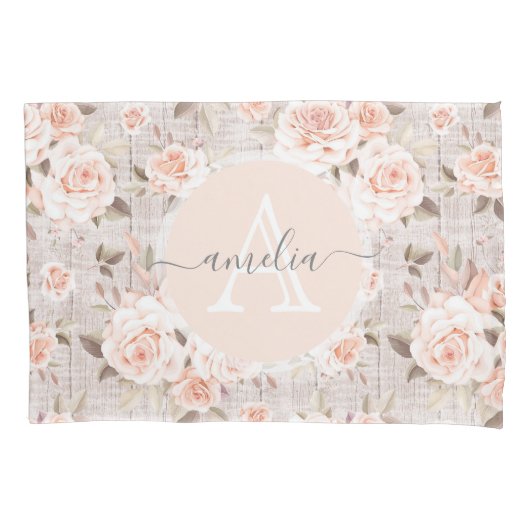 Monogram Naam Rustic Wood &  Rozen Romantic Kussensloop (Voorkant)
