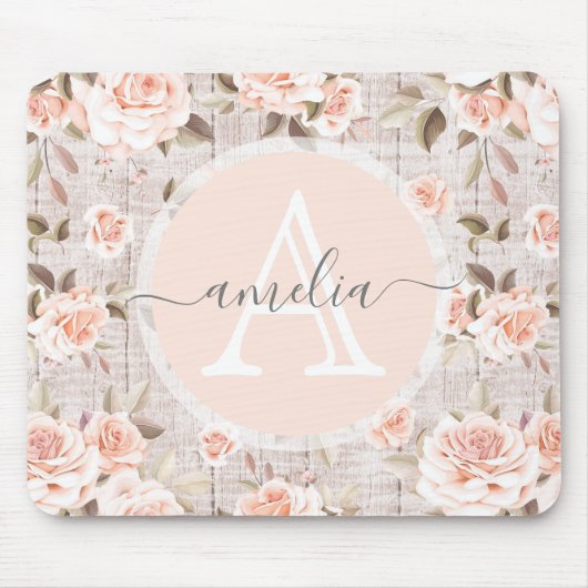 Monogram Naam Rustic Wood &  Rozen Romantic Muismat (Voorkant)