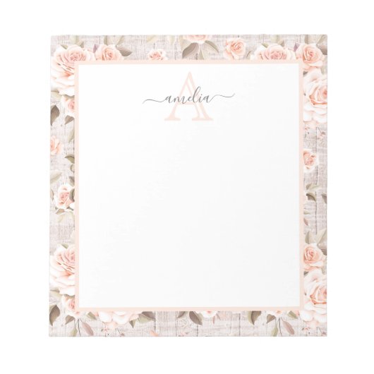 Monogram Naam Rustic Wood & Rozen Romantic Notitieblok (Voorkant)