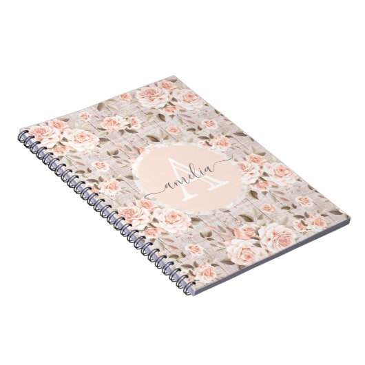 Monogram Naam Rustic Wood &  Rozen Romantic Notitieboek (Rechterzijde)