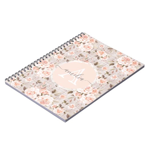 Monogram Naam Rustic Wood &  Rozen Romantic Notitieboek (Linkerzijde)