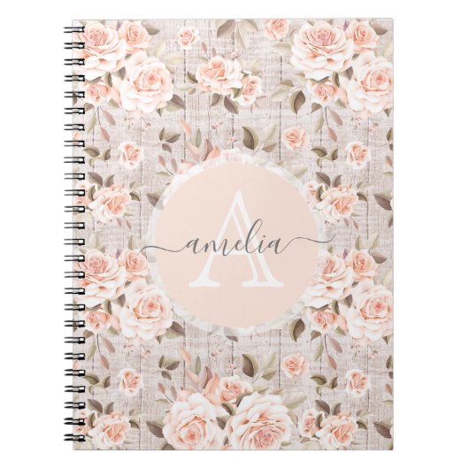 Monogram Naam Rustic Wood &  Rozen Romantic Notitieboek (Voorkant)
