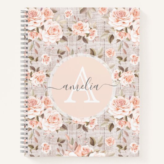 Monogram Naam Rustic Wood &  Rozen Romantic Notitieboek (Voorkant)