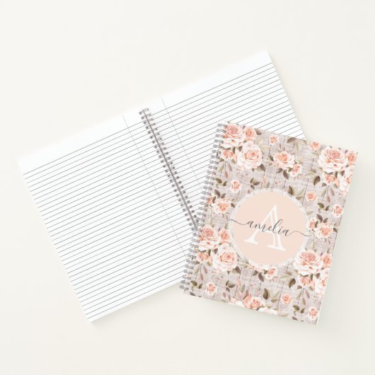 Monogram Naam Rustic Wood &  Rozen Romantic Notitieboek (Binnen)