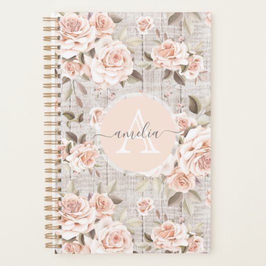 Monogram Naam Rustic Wood &  Rozen Romantic Planner (Voorkant)