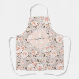 Monogram Naam Rustic Wood & Rozen Romantic Schort