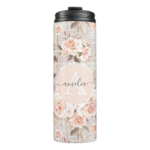 Monogram Naam Rustic Wood & Rozen Romantic Thermosbeker