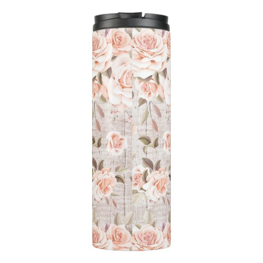 Monogram Naam Rustic Wood &  Rozen Romantic Thermosbeker (Achterkant)