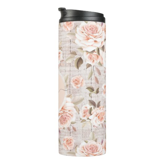 Monogram Naam Rustic Wood &  Rozen Romantic Thermosbeker (Geroteerd rechts)