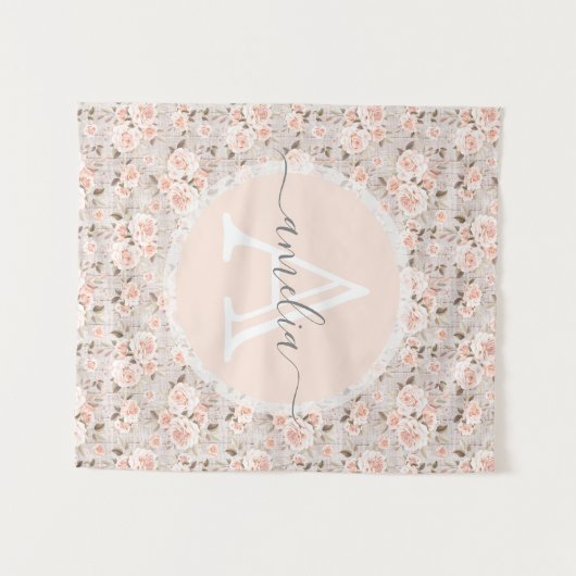 Monogram Naam Rustic Wood &  Rozen Romantic Wandkleed (Voorkant (horizontaal))