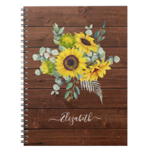 Monogram Naam Rustic Wood Sunflower Foto Notitieboek