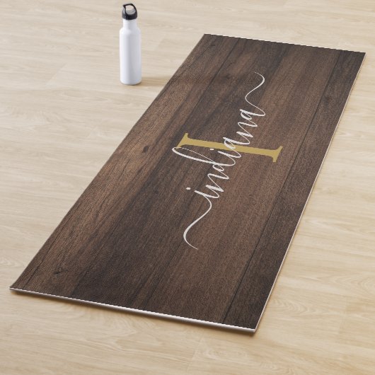 Monogram Naam Rustiek Donker Hout Script Modern Yogamat (In situ)