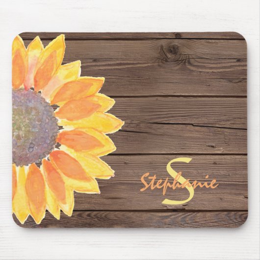 Monogram Naam Rustiek Zonnebloem Hout Muismat (Voorkant)