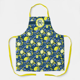 Monogram naam rustieke citrus citroenen chic blauw schort