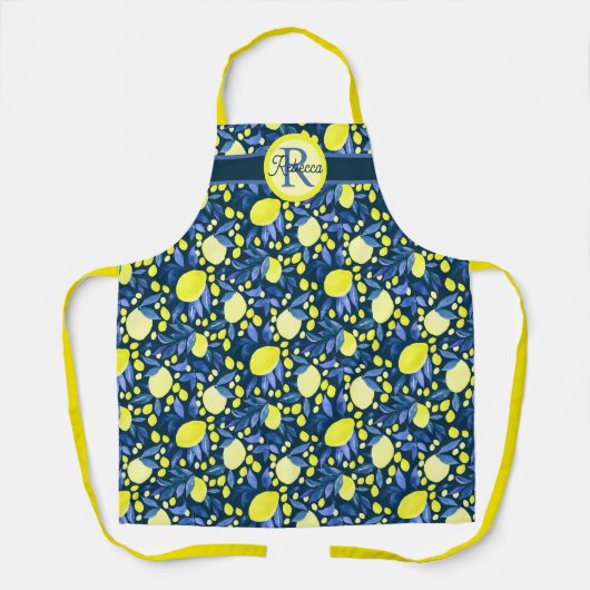 Monogram naam rustieke citrus citroenen chic blauw schort (Voorkant)