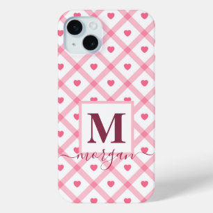 Monogram naam Schattige Girly Pink Heart iPhone 15 Mini Hoesje