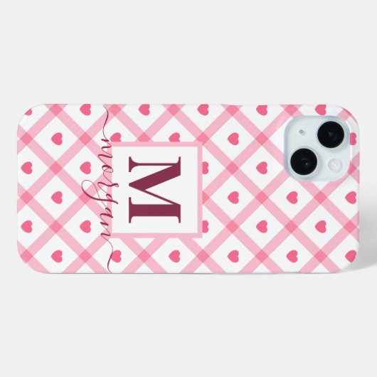 Monogram naam Schattige Girly Pink Heart Case-Mate iPhone Case (Achterkant (horizontaal))