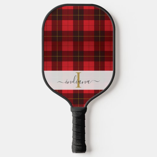 Monogram naam script geruite groene tartan pickleball paddle (Voorkant)