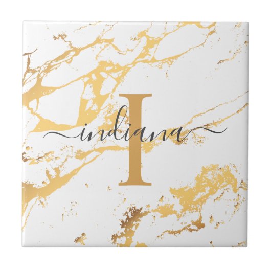 Monogram Naam Script Initiaal Gouden Marmer Patroo Tegeltje (Voorkant)