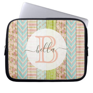 Monogram Naam Shabby-Rozen op bijtende houten kato Laptop Sleeve