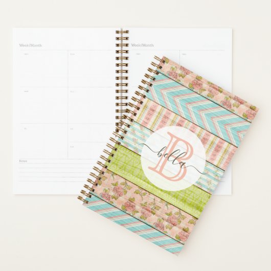 Monogram Naam Shabby-Rozen op bijtende houten kato Planner (Display)