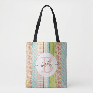 Monogram Naam Shabby-Rozen op bijtende houten kato Tote Bag
