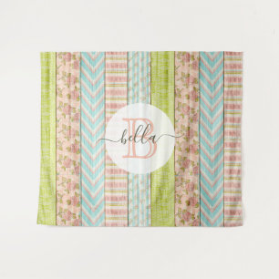 Monogram Naam Shabby-Rozen op bijtende houten kato Wandkleed