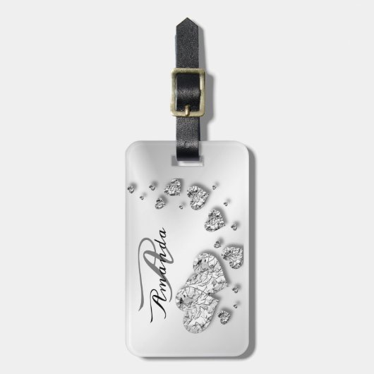 Monogram naam Silver Hearts Grey Travel Bagagelabel (Voorkant verticaal)
