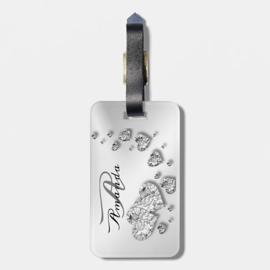 Monogram naam Silver Hearts Grey Travel Bagagelabel (Achterkant verticaal)