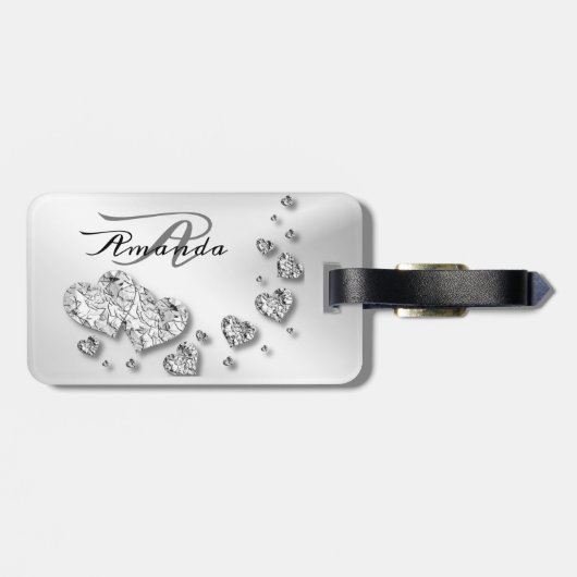 Monogram naam Silver Hearts Grey Travel Bagagelabel (Achterkant horizontaal)