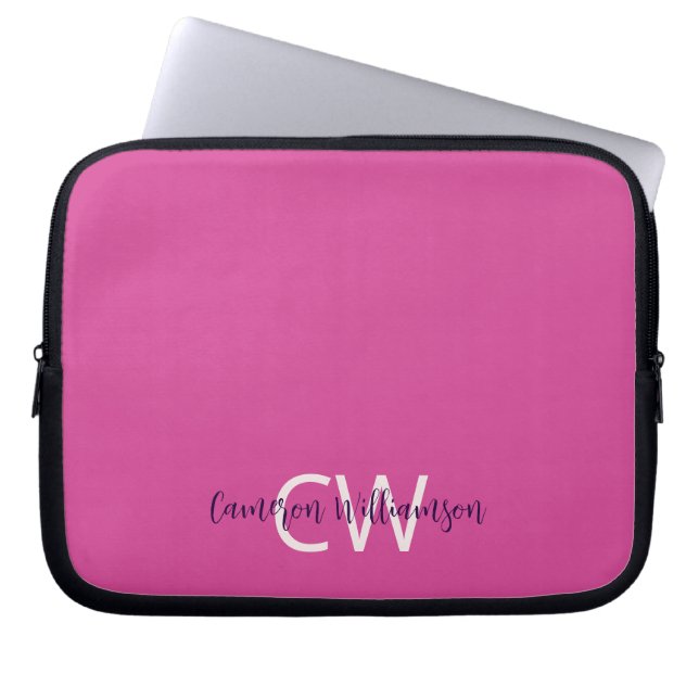 Monogram naam Sophisticated Solid Vibrant Pink Laptop Sleeve (Voorkant)