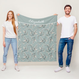 Monogram Naam Stof Blauw Witte Bloem Botanisch Fleece Deken