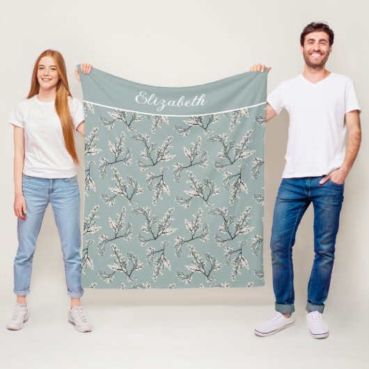 Monogram Naam Stof Blauw Witte Bloem Botanisch Fleece Deken (In situ)