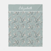 Monogram Naam Stof Blauw Witte Bloem Botanisch Fleece Deken (Voorkant)