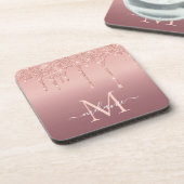 Monogram Naam Tekst Roos Gold Blush Glitter Bier Onderzetter (Linkerzijde)