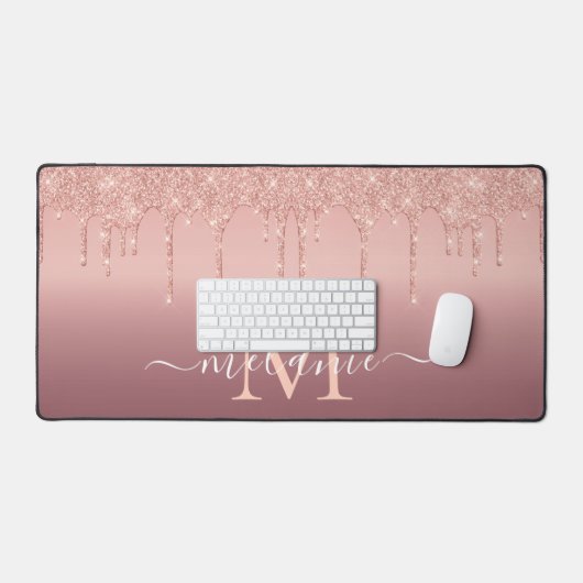 Monogram Naam Tekst Roos Gold Blush Glitter Bureaumat (Keyboard & Muis)