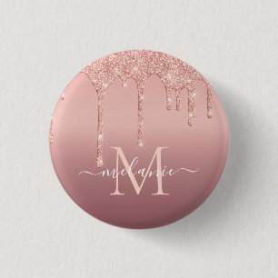 Monogram Naam Tekst Roos Gold Blush Glitter Button